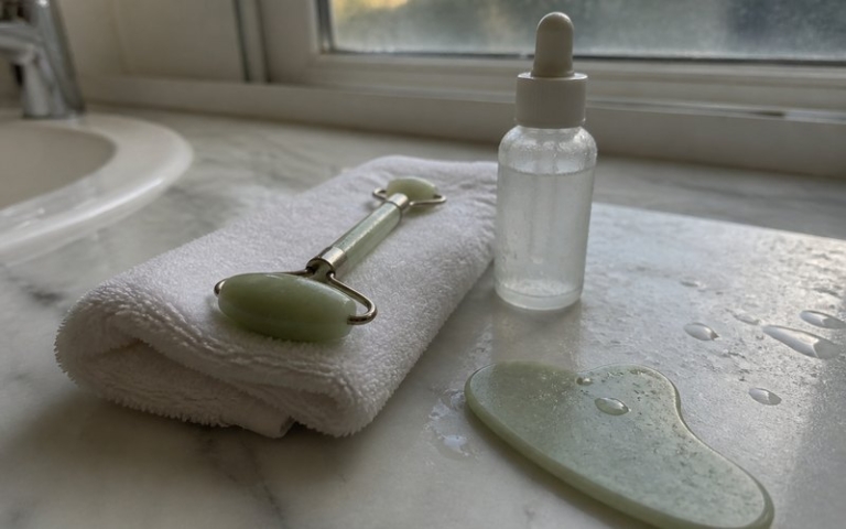 Jade-Roller auf einem Handtuch neben Serum